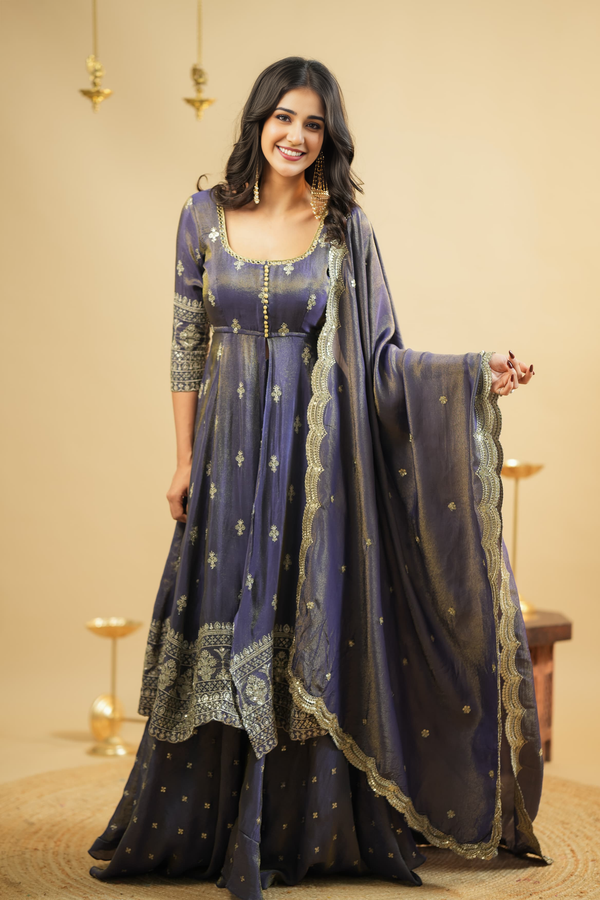 Saakshi`s Grey cosmo Slit Anarkali with skirt Suit Set