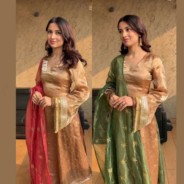 DUBLE DUPTTA RED & GREEN PREMIUM QUALITY SUIT SET